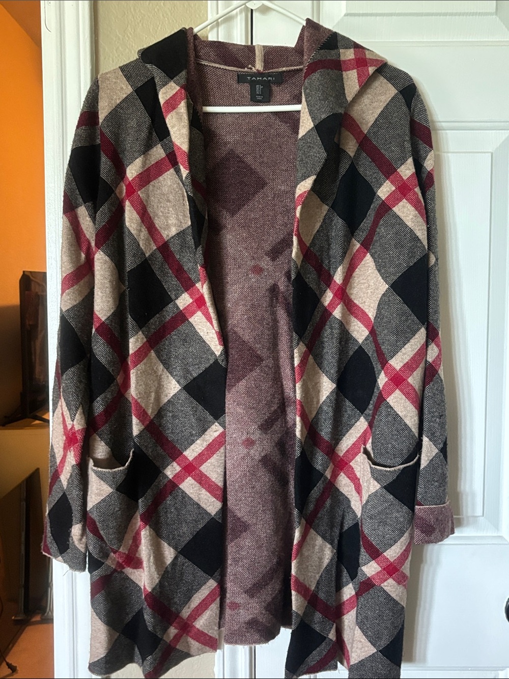 Tahari Hooded Plaid Open Cardigan - Red, Black, Cream, missing belt!
